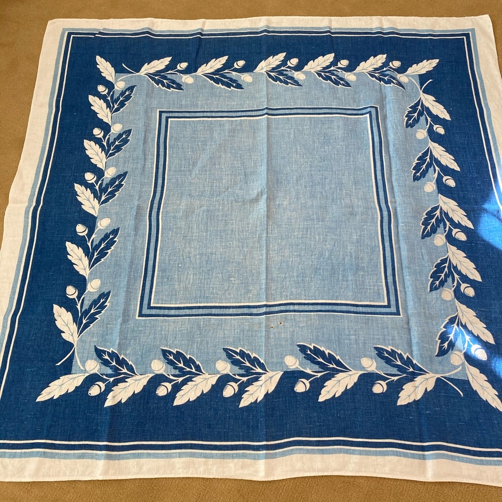 VTG Blue and White Linen Tablecloth 49” x 50”